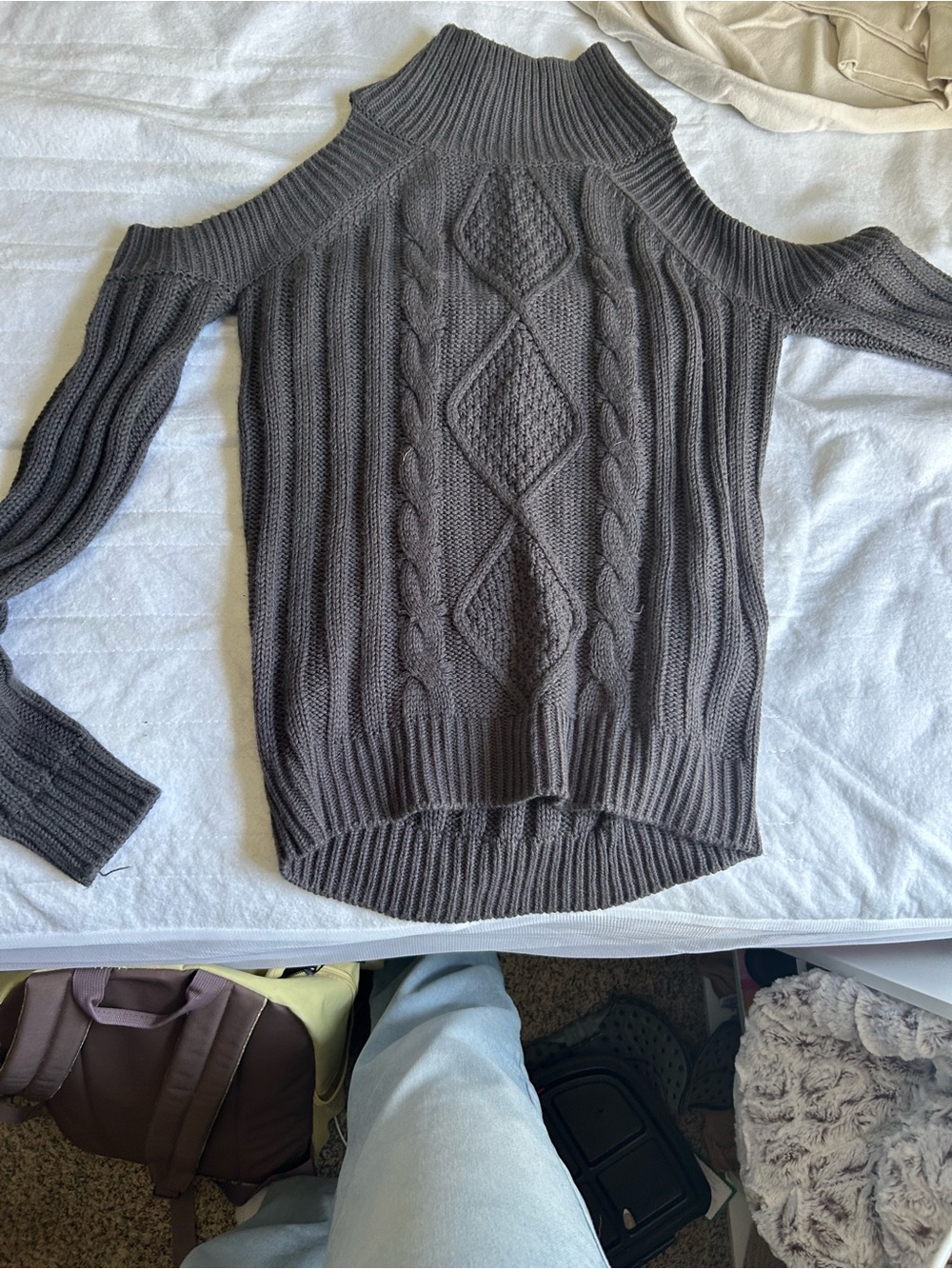 Elan Cable Knit Cold-Shoulder Sweater - Gray